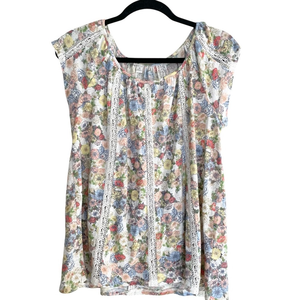 Covington Floral Print Top Lace Trim Casual Blouse Cottagecore M Fairycore Linen